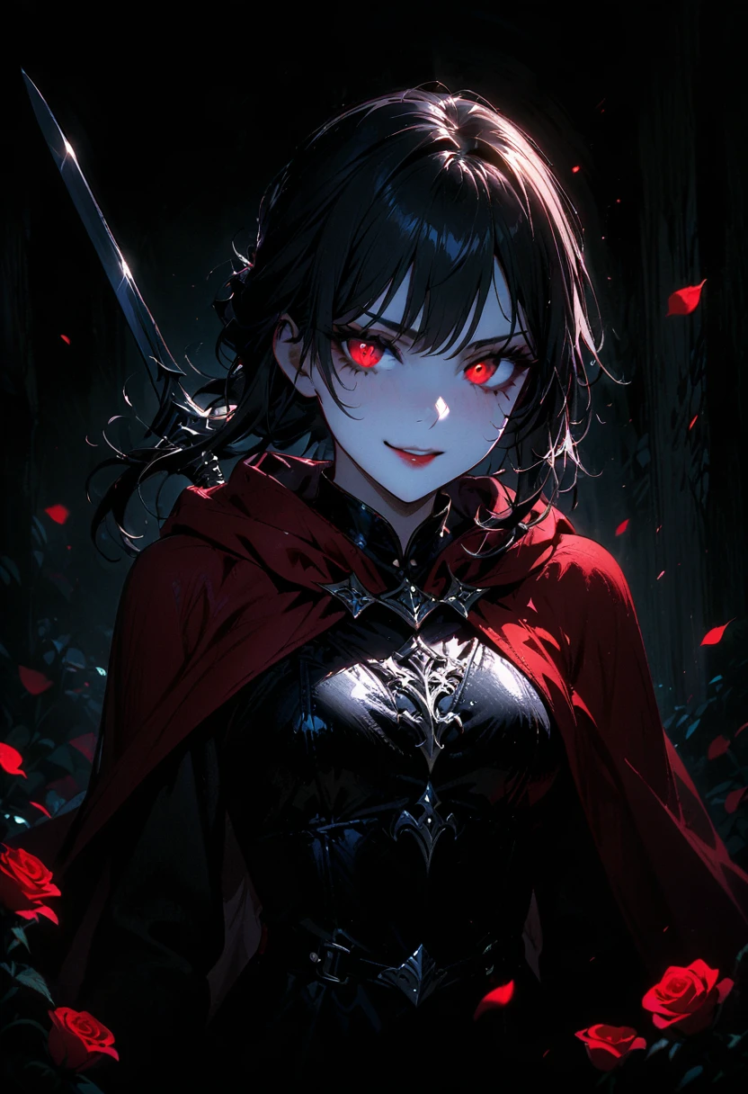 (full body portrait:1.3), 1girl, solo, (holding weapon), sword, (long black hair), detailed face, mischief expression, smirk, scar on one eye, pale white skin, red eyes, (detailed eyes), long eyelashes, (black eye liner), red lipstick, black tunic, red hoodie cloak, long dress, leather glove, (chest armor), moonlight, hard lighting, blue light, cold light, ((rose pedals falling)), (medieval theme), (masterpiece), super detailed, best quality, POV, dw01-3400