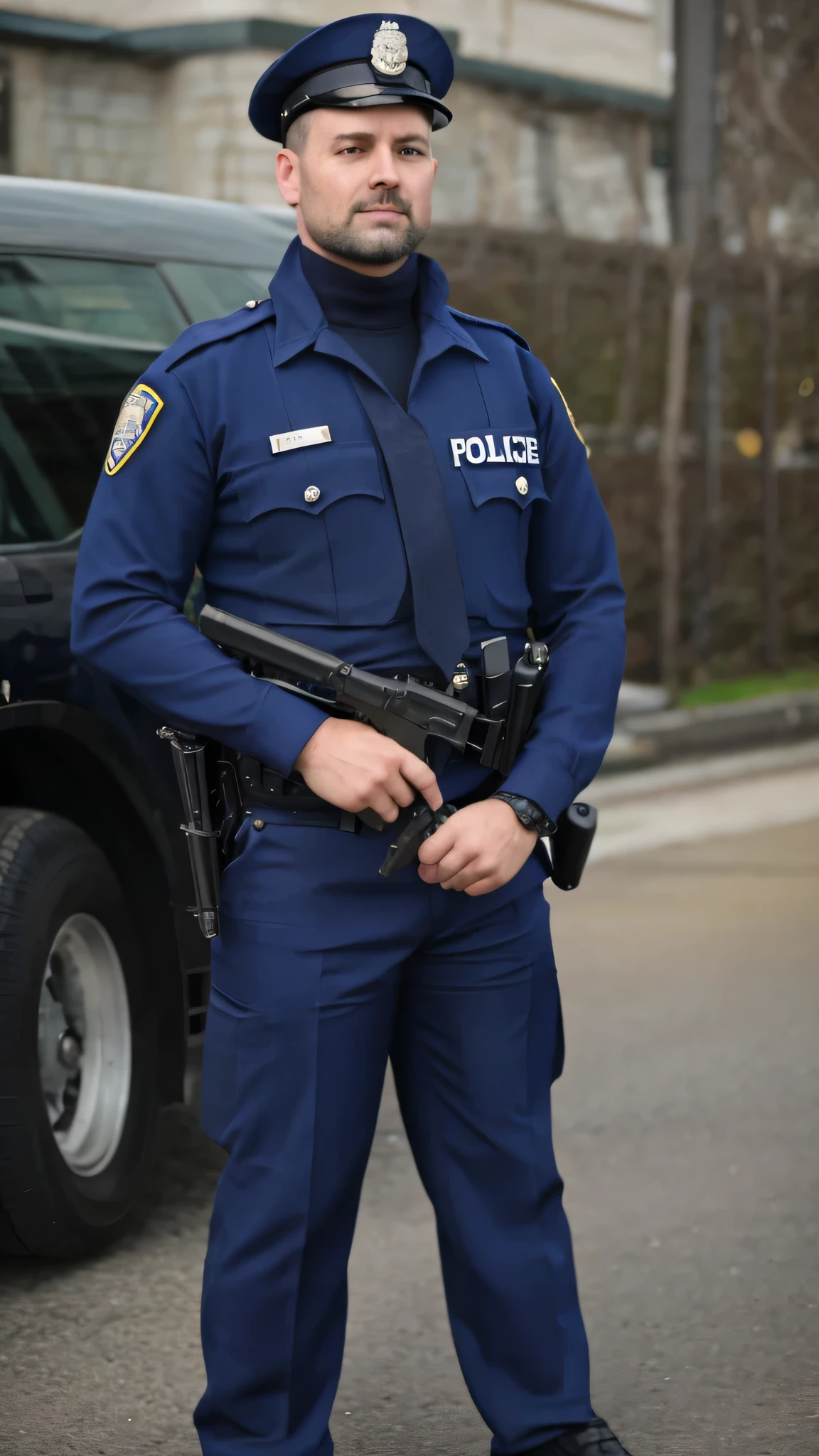 A police officer is standing with his mouth wide open