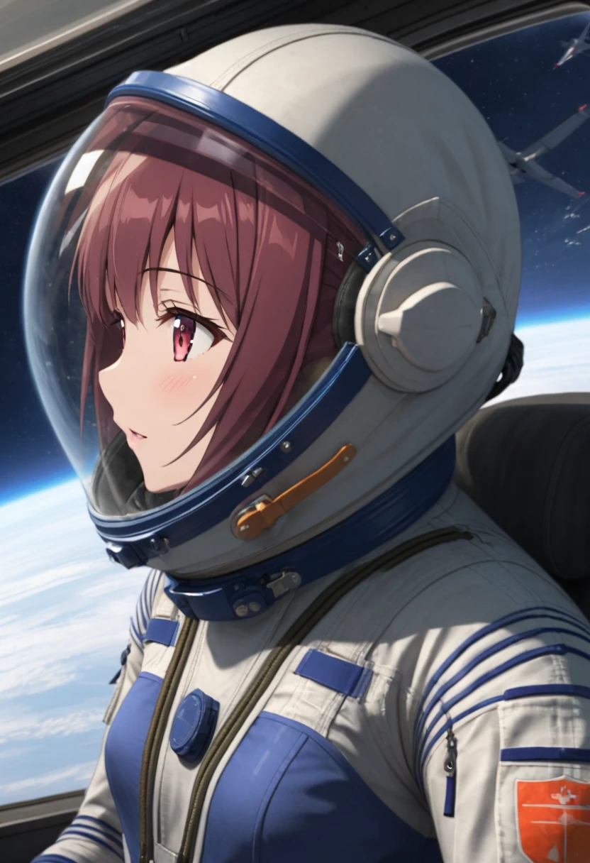 ((Female pilot in the cockpit of a reconnaissance plane), (airplane cockpit), (in flight), (10000 feet altitude)、(sky view):1.7),, short hair, street, emo, BLACK hair, white eyes, eyeliner, apocalypse, girl, nside the (cockpit:1.9) of a (futuristic spaceship:1.6), , blush,sitting on a chair, covered navel, space helmet, muvluv, space helm, plug suit , space helmet, eva helm, space suit, short hair, from side, blue bodysuit, visor helmet
