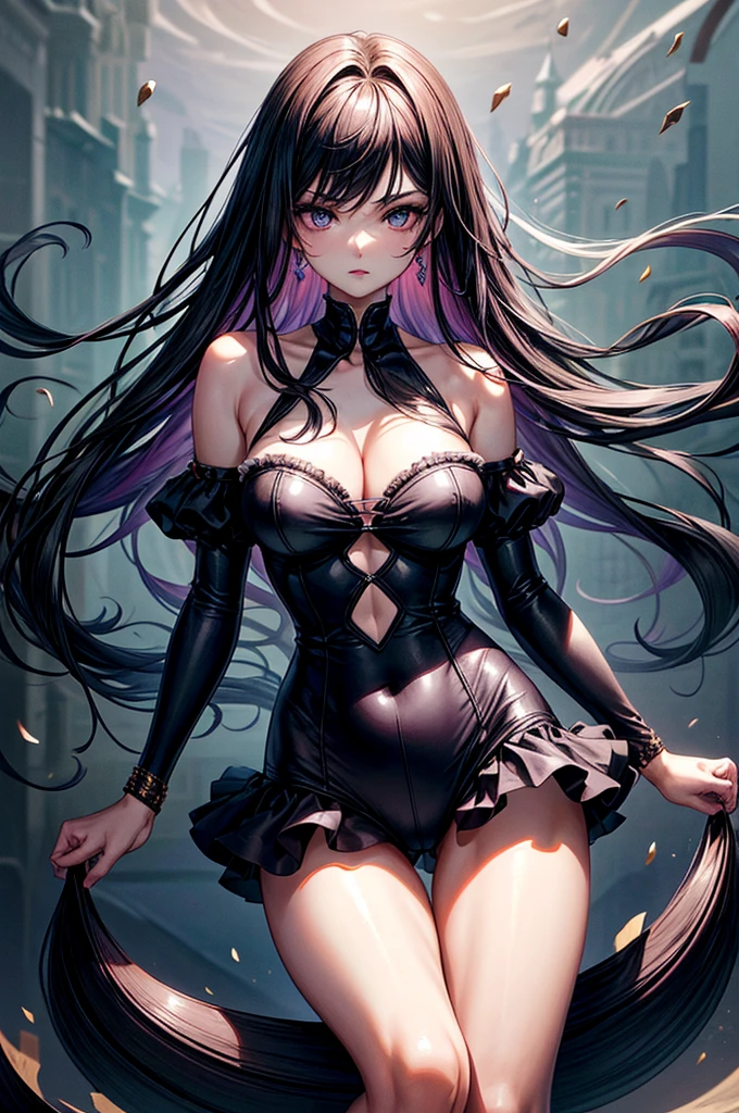 highest quality, ultra high resolution, super detailed, gorgeous, masterpiece, best quality, high resolution finely detailed, distinct image, finely detailed, hourglass figure, immaculate and alluring body shape, 17 year old, 1 girl, solo, sharp facial features, oval shaped face, high-bridged nose, arrogant and smug expression, cherry red lips, dark velvet colored eyes, medium height(175cm), slim curves, toned body type, flowing waist length hair, sleek dark violet-black hair, narrow waist, long slender legs, modern city setting, flawless lightly tanned white skin, frilly off-shoulder blouse, adidas dolphin track shorts