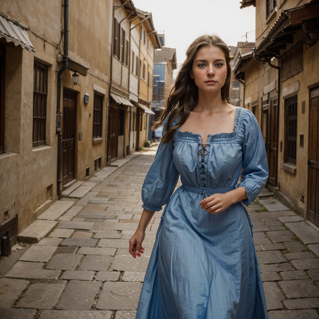 Best Quality, masterpiece, realistic photo, intricate details, raw photo, ultra detailed, old fashioned young woman, with peasant style dress, no necklines, by rubio, perfect detailed blue eyes, walking in an old city, high definition quality, 8k, young woman, 20 years