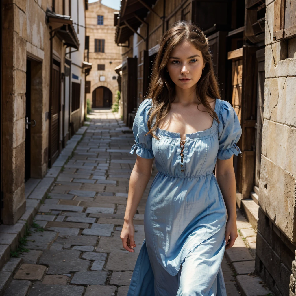 Best Quality, masterpiece, realistic photo, intricate details, raw photo, ultra detailed, old fashioned young woman, with peasant style dress, no necklines, by rubio, perfect detailed blue eyes, walking in an old city, high definition quality, 8k, young woman, 20 years
