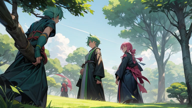 7 Tree ninja warriors in front their mother tree in a sunny day. The mother tree created the ninja warriors to save the earth from pollution and planting trees. Some of the ninja warriors have green, blue and pink hairs. There are 4 boys and 3 girls. The leader is the oldest with green hair. Landscape image