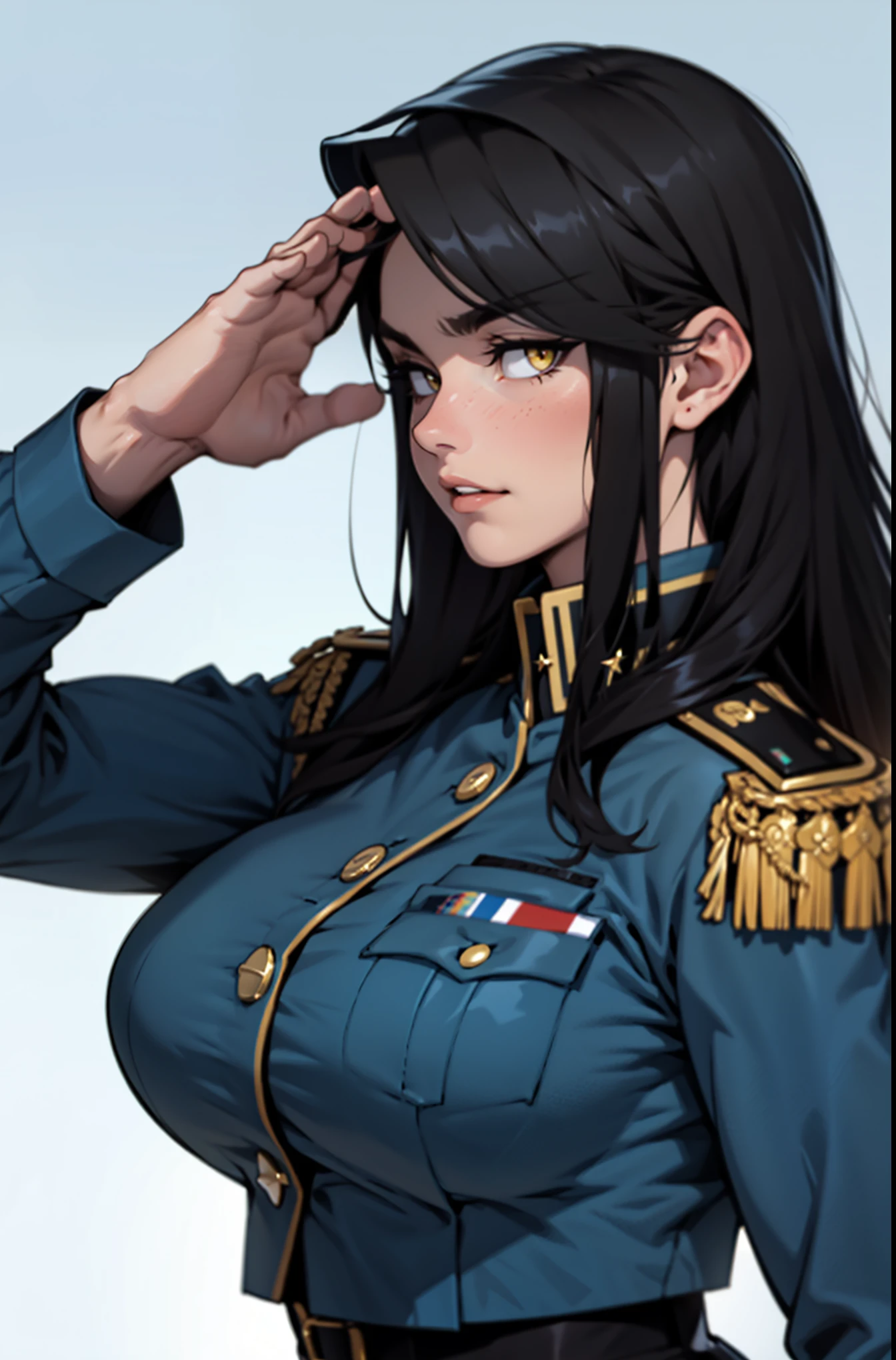 joyful saluting gesture saluting gesture black hair yellow eyes pale skin muscular girl massive breasts military uniform