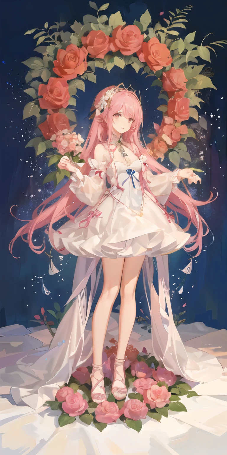 girl with pink longhair and massive wings wwith a pink and golden crwon on her head wearing a goddesse dress, (Full Body) (Flower Icon at the bottom of the screen)(Game Character) (Full Forest Background full with Roses.)