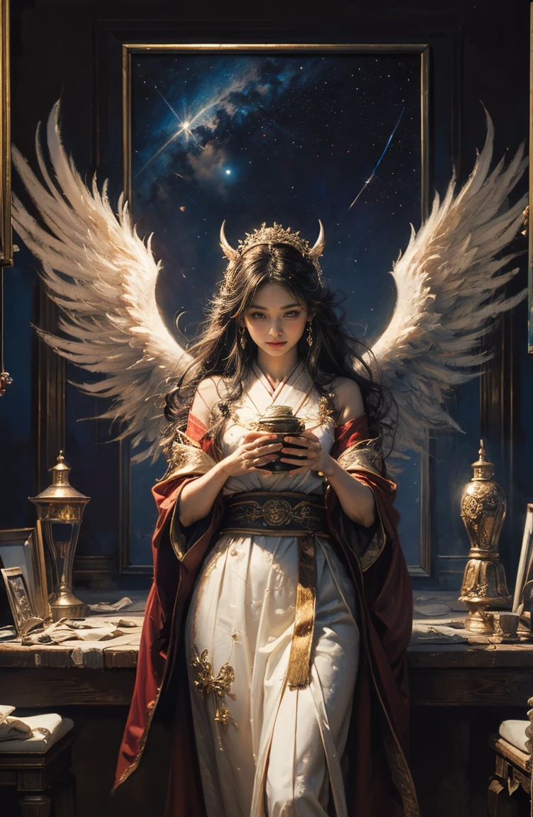 (Tabletop, Highest qualityの, (((((woman)))))、Highest quality, Official Art, (beautifully、beautiful:1.4), (Oil painting:1.4) ),((male)) (lucifer), God of Japanese God Stories々々, fleeting beauty, A mysterious god illuminated by the starry sky, Winged Angel、god'Grace, Calm and thoughtful expression, Flowing Heavenly Robe, Dazzling silver stars light up the night view, Dance of shadows and lights, Whispers of Ancient Legends、Very slender、