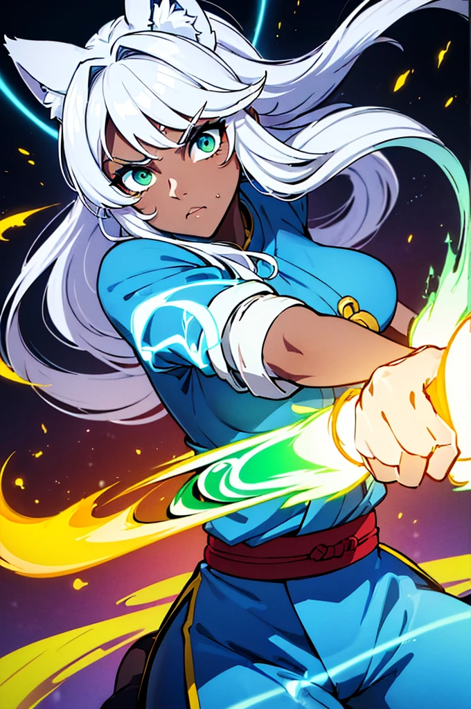 1girl, blood, light particles, light rays, wallpaper, high contrast, colorful,(looking at viewer, upper body), (wolf_ears, wolf_tail):1.7, (big_eyes, green_eyes, dark_skin, athletic_body), (fierce_look), (long_hair, white_hair, japanese_hairstyle, undercut_hair), ((((fighting_pose, fighting_stance, fighting, magic_attack, magic_aura, aura)))), (chinese fantasy outfit, fighter outfit, blue_pants, lightblue and yellow clothes, tribal_clothes, bandages on forearms, bandages on forelegs), (monk_girl), (summoner_girl)