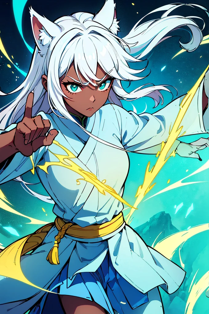 1girl, blood, light particles, light rays, wallpaper, high contrast, colorful,(looking at viewer, upper body), (wolf_ears, wolf_tail):1.7, (big_eyes, green_eyes, dark_skin, athletic_body), (fierce_look), (long_hair, white_hair, japanese_hairstyle, undercut_hair), ((((fighting_pose, fighting_stance, fighting, magic_attack, magic_aura, aura)))), (chinese fantasy outfit, fighter outfit, blue_pants, lightblue and yellow clothes, tribal_clothes, bandages on forearms, bandages on forelegs), (monk_girl), (summoner_girl)