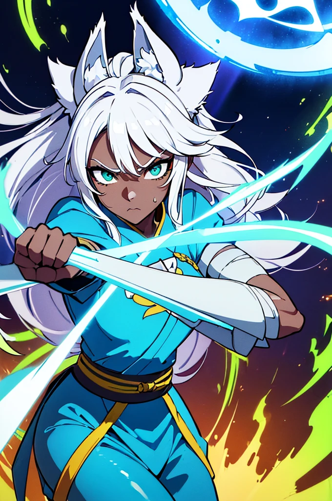 1girl, blood, light particles, light rays, wallpaper, high contrast, colorful,(looking at viewer, upper body), (wolf_ears, wolf_tail):1.7, (big_eyes, green_eyes, dark_skin, athletic_body), (fierce_look), (long_hair, white_hair, japanese_hairstyle, undercut_hair), ((((fighting_pose, fighting_stance, fighting, magic_attack, magic_aura, aura)))), (chinese fantasy outfit, fighter outfit, blue_pants, lightblue and yellow clothes, tribal_clothes, bandages on forearms, bandages on forelegs), (monk_girl), (summoner_girl)