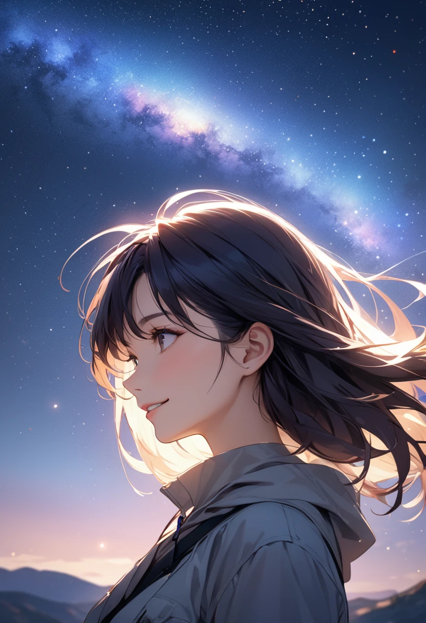 (masterpiece:1.5),(Beat quality),(high res),1girl solo,beautiful face,smile,upper body,Plainclothes woman,Amazing starry sky