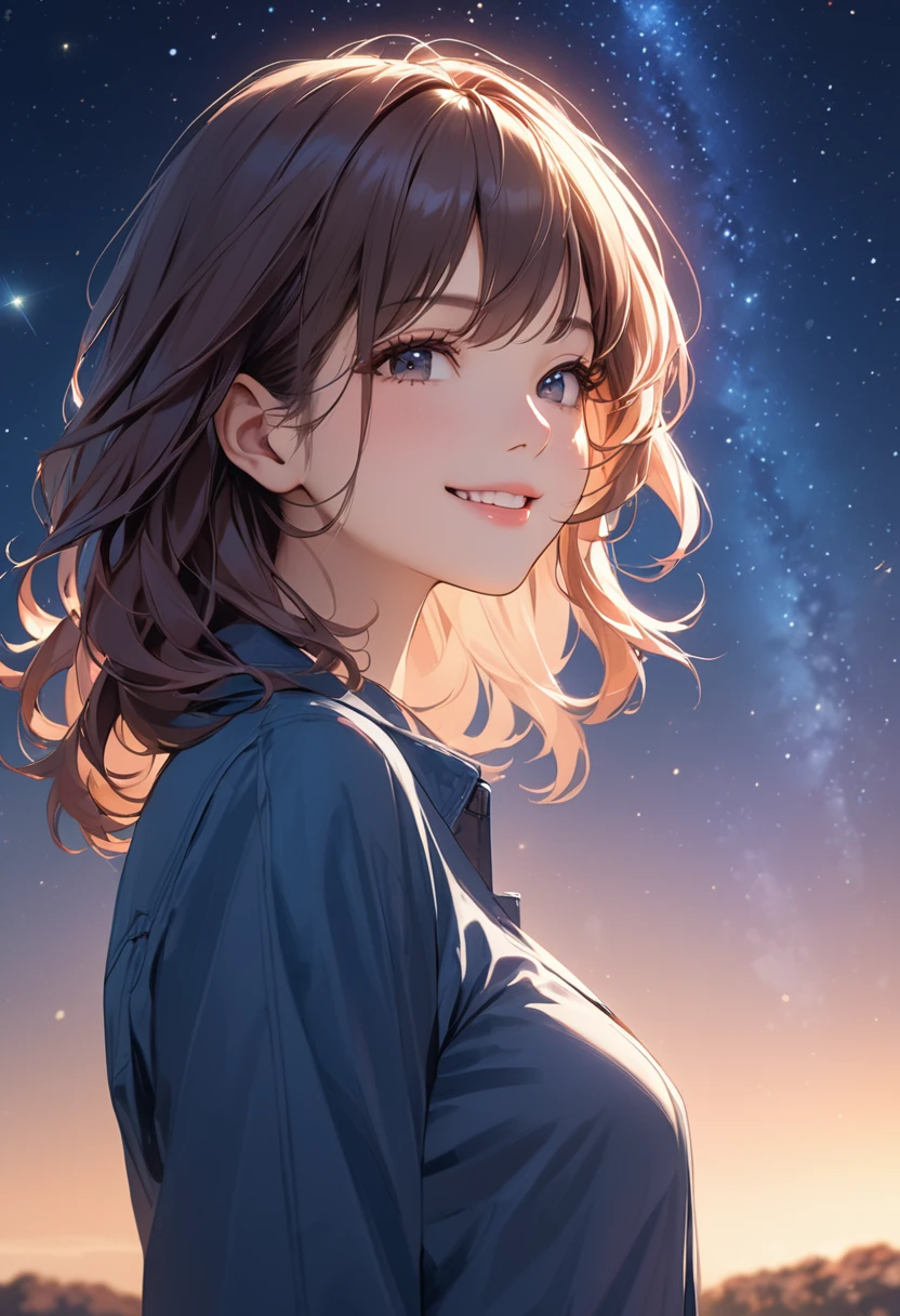 (masterpiece:1.5),(Beat quality),(high res),1girl solo,beautiful face,smile,upper body,Plainclothes woman,Amazing starry sky