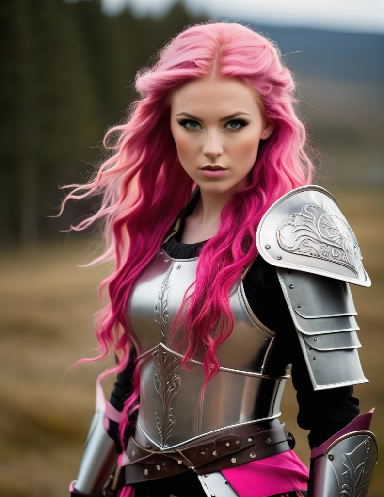 Very attractive 25 year old caucasian female with long wavy bright pink hair, dressed as a nordic warrior, full length, photo quality