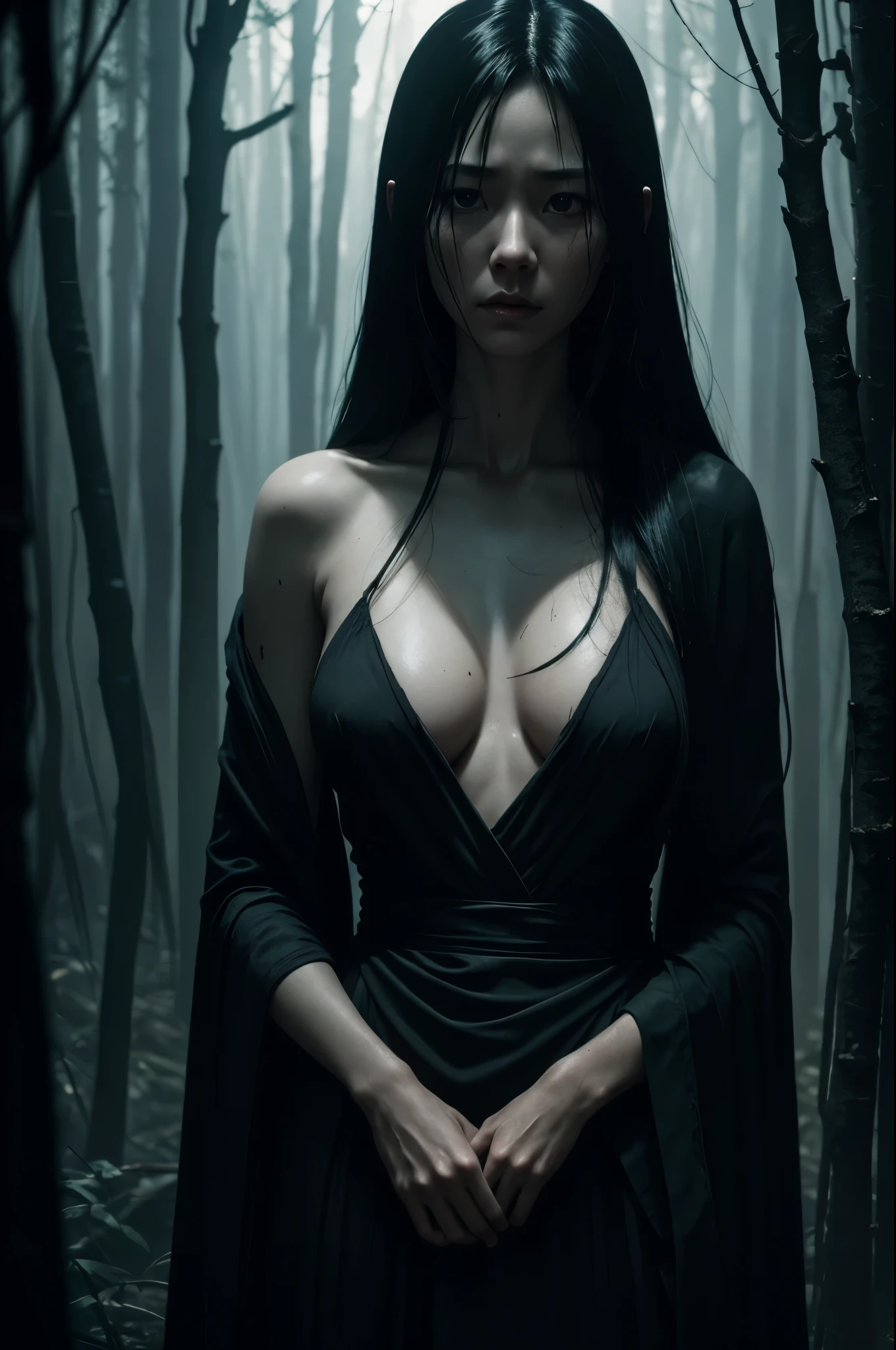 8k,crawl on the ground in the forest,Very normal breasts,A high resolution,real looking skin,Horror movie shot of creepy,very long black hair, Sadako,Super beauty(Like the real thing), wearing a dirty gown, eerily distorted face,thirds rule, Tonal color scheme, Pale Brown, Bokeh, mystery, Horror, eery, creepy, Moody lighting, In the style of Denis Villeneuve, Film Still, cinestill 800,Fantasyart,character art,sexy for,Horrific morphology,grudge,Grievances,