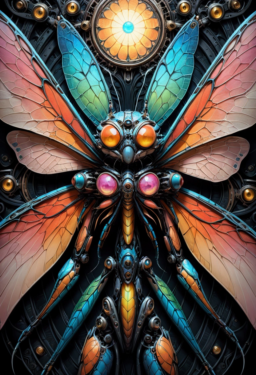 Mechanical Creature, mechanical dragonfly, intricate artwork, nightmare creature, perfect eyes, delicate skin, luminism, macro photography, Ultra high quality, 8k, ultra details, symmetry, digital painting, summer tones, 4k resolution, perfect composition, detailed background, 60-30-10 color rule, masterpiece, best quality, very aesthetic, absurdres