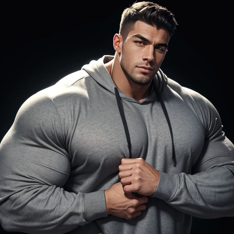 a very handsome young man, massively muscular, with massively large muscles, with massively large biceps, with massively large muscular arms, wearing a simple gray sweatshirt with long sleeves, on a black background on the side of a very small man