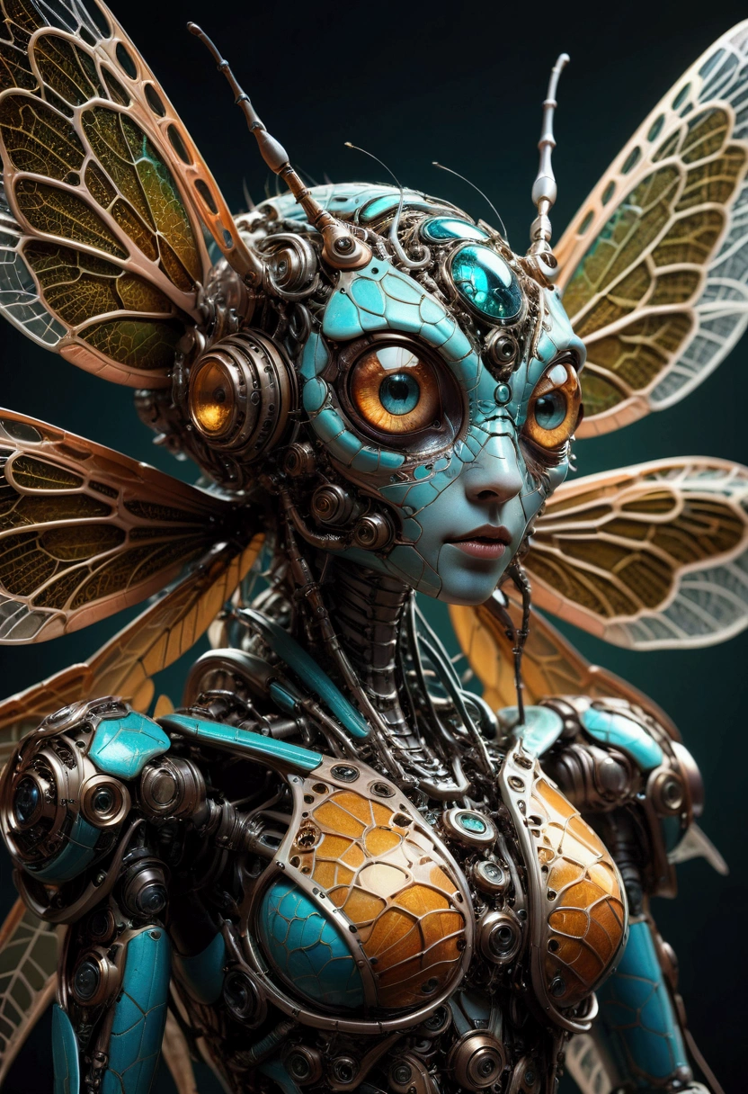 Mechanical Creature, mechanical dragonfly, intricate artwork, nightmare creature, perfect eyes, delicate skin, luminism, macro photography, Ultra high quality, 8k, ultra details, symmetry, digital painting, summer tones, 4k resolution, perfect composition, detailed background, 60-30-10 color rule, masterpiece, best quality, very aesthetic, absurdres
