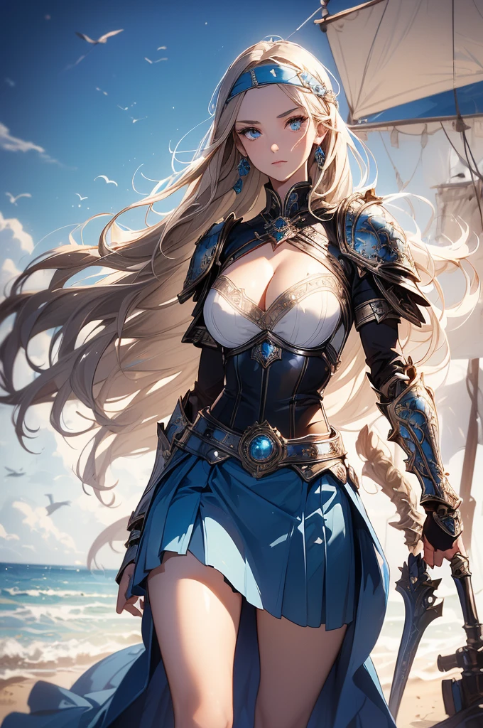 1girl, ((slim)) tall pirate sexywoman, thin waist, 18 years old, ((ornate ((steel)) breastplate armor)), average breasts. (((cleavage))), ((((very long blue skirt)))), ((headband)), on a ship, ((gorgeous slim face)), ((Brown hairs)), ((long straight flowing hairs)), sea, detailled face, marterwork, serious eyes, intense detailled eyes