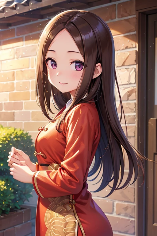 Takagi-san、Shiny brown hair, Long Hair,Forehead、Center part、 Beautiful brown eyes、smile、Sparkling eyes, (fine grain)、Very fine eye、Highly detailed face, 非常にDetailed eyes,
(masterpiece:1.3, 最high quality, 超High resolution, Super detailed), Cowboy Shot、 One woman,最high quality, masterpiece, High resolution,
1 girl,(high quality, High resolution, The finer details), Stand in front of a brick wall, Traditional purple chinese clothing, alone, Adult women, Sparkling eyes, (Detailed eyes:1.2), smile, blush, Sweat, Oily skin, Soft tones, Shallow depth of field