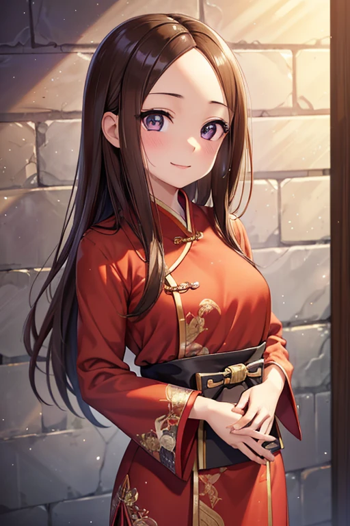 Takagi-san、Shiny brown hair, Long Hair,Forehead、Center part、 Beautiful brown eyes、smile、Sparkling eyes, (fine grain)、Very fine eye、Highly detailed face, 非常にDetailed eyes,


(masterpiece:1.3, 最high quality, 超High resolution, Super detailed), Cowboy Shot、 One woman，最high quality, masterpiece, High resolution, 


1 girl,(high quality, High resolution, The finer details), Stand in front of a brick wall, Traditional purple chinese clothing,  alone, Adult women, Sparkling eyes, (Detailed eyes:1.2), smile, blush, Sweat, Oily skin, Soft tones, Shallow depth of field