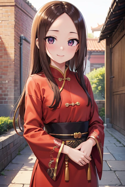 Takagi-san、Shiny brown hair, Long Hair,Forehead、Center part、 Beautiful brown eyes、smile、Sparkling eyes, (fine grain)、Very fine eye、Highly detailed face, 非常にDetailed eyes,


(masterpiece:1.3, 最high quality, 超High resolution, Super detailed), Cowboy Shot、 One woman，最high quality, masterpiece, High resolution, 


1 girl,(high quality, High resolution, The finer details), Stand in front of a brick wall, Traditional purple chinese clothing,  alone, Adult women, Sparkling eyes, (Detailed eyes:1.2), smile, blush, Sweat, Oily skin, Soft tones, Shallow depth of field