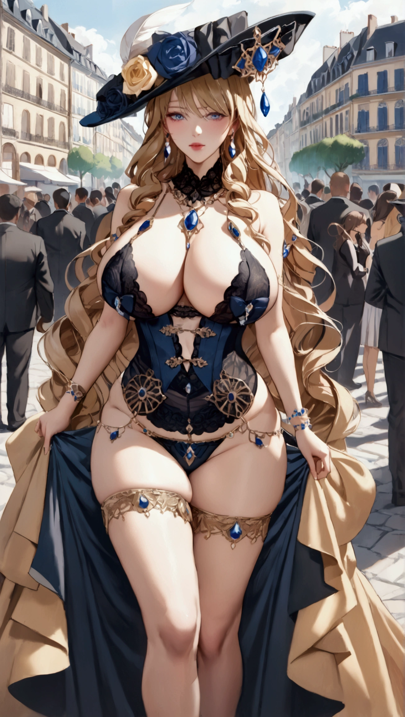 anime, ultra detailed, hyper detailed, best quality, highres, 4K, master piece, 1 female, 28-year-old, Navia, sexy lingerie, gigantic, huge breast, France city, crowded, accompanied by female bodyguards