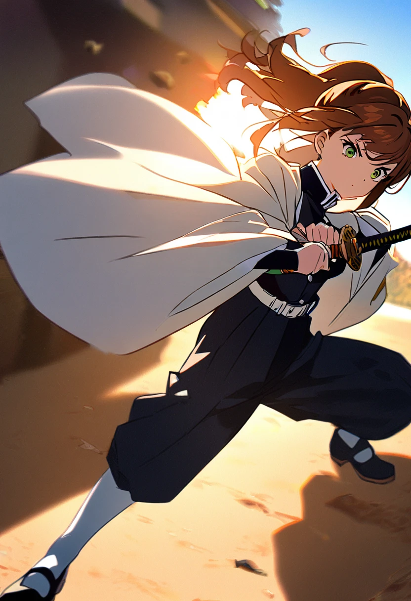 1 girl, brown hair, orange locks, green eyes, demon slayer uniform, white tights, white haori, attack pose, holds a katana, search, warm light, dawn 