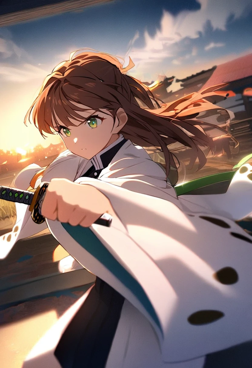 1 girl, brown hair, orange locks, green eyes, demon slayer uniform, white tights, white haori, attack pose, holds a katana, search, warm light, dawn