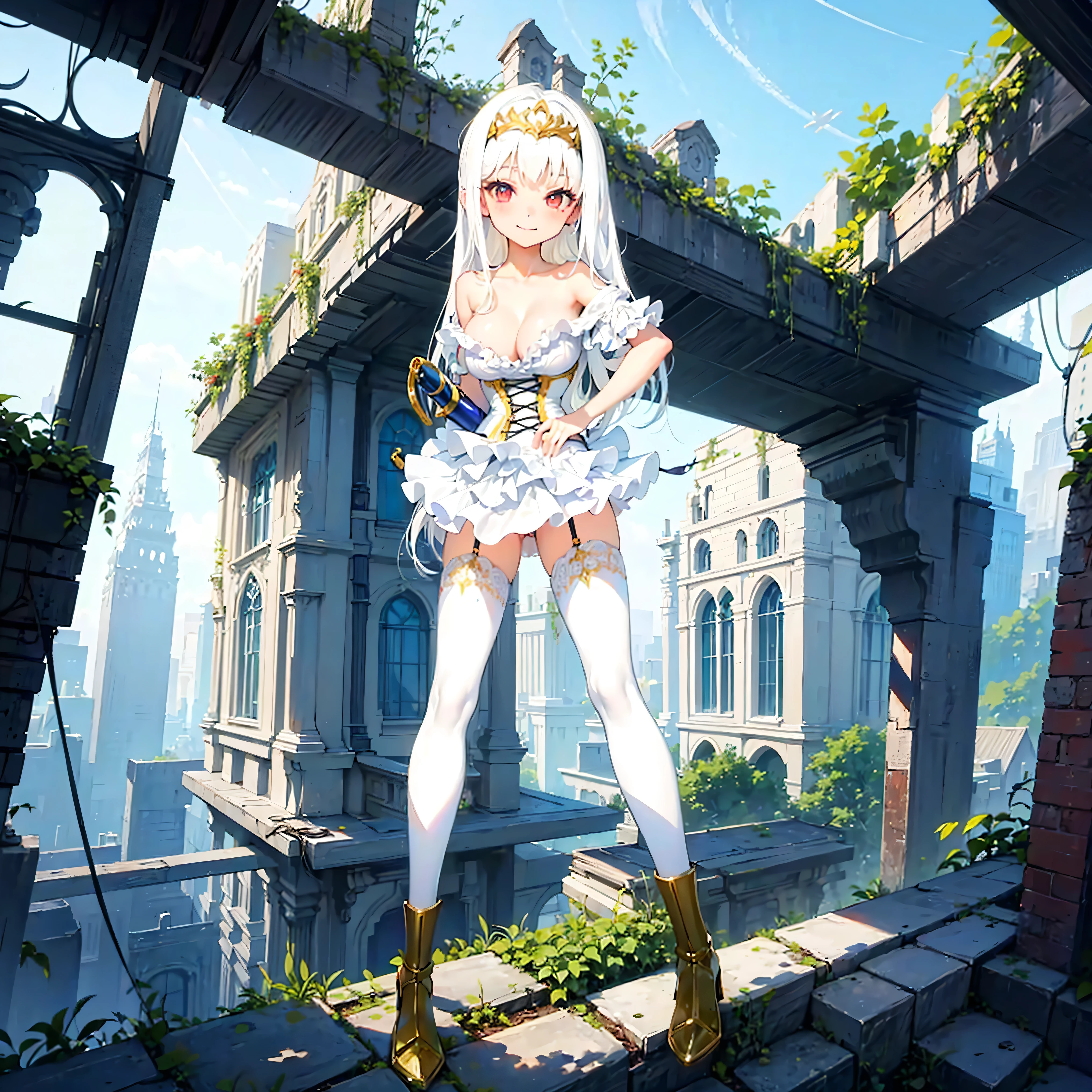 solo, standing skinny girl, long white hair, (white frilled white dress), (very short dress), (white frilled white tops), sheer dress, bared shoulders, too narrow corset cinches waist too tight, white thighhighs, white thigh strap, BREAK, red eyes, BREAK, golden tiaras, (carrying a saber at her waist:1.2), BREAK, (show off large perky breasts:1.2), bursting breasts, cleavage, collarbone, BREAK, skinny long legs, show off thigh gap, hand on hip, BREAK, smile for viewer, (nsfw:1), (slipping nipples)