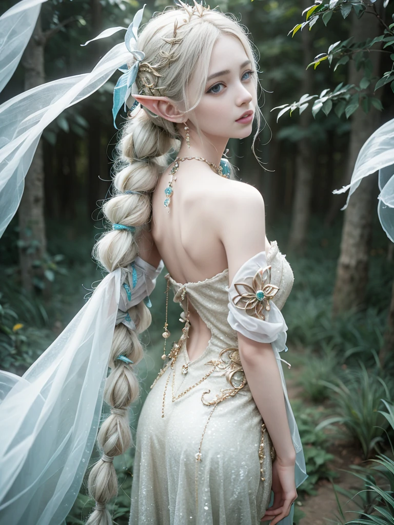 An elegant elf girl standing on the grassland, A delicate face illuminated by the soft light of the setting sun. Her long, Flowing hair running down her back, Decorated with intricate braids、Adorned with sparkling jewels. This great photo is、、、It captures the mysterious beauty of elves.. Slender figure wearing a silk dress、Swaying in the soft grassland breeze. Attention to detail、Face、Face、Face、Face、This is evident in the intricate pattern of the dress and the subtle highlights of the light.. skin. A breathtaking depiction of an elf girl、、、、、Create an enchanting atmosphere、Invite the viewer into a magical world.