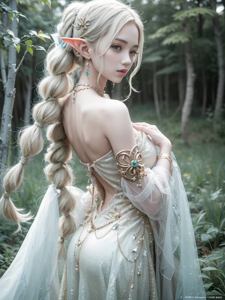 An elegant elf girl standing on the grassland, A delicate face illuminated by the soft light of the setting sun. Her long, Flowing hair running down her back, Decorated with intricate braids、Adorned with sparkling jewels. This great photo is、、、It captures the mysterious beauty of elves.. Slender figure wearing a silk dress、Swaying in the soft grassland breeze. Attention to detail、Face、Face、Face、Face、This is evident in the intricate pattern of the dress and the subtle highlights of the light.. skin. A breathtaking depiction of an elf girl、、、、、Create an enchanting atmosphere、Invite the viewer into a magical world.