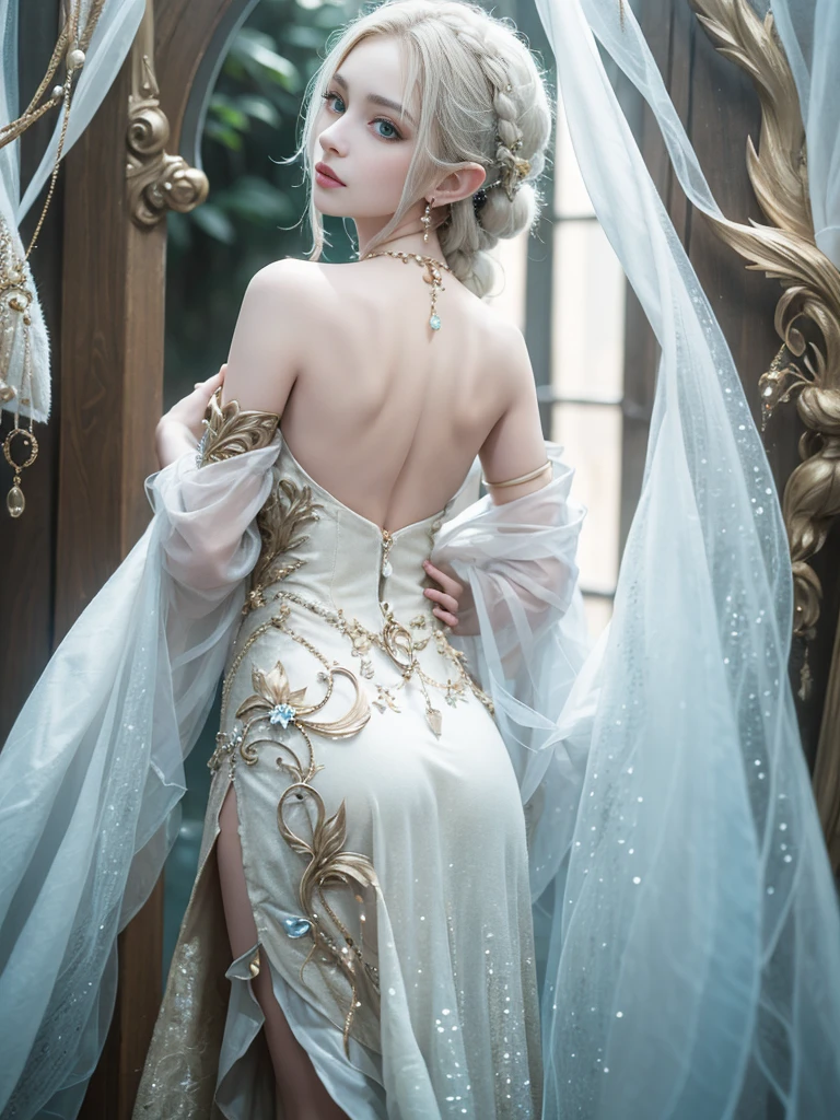 An elegant elf girl standing on the grassland, A delicate face illuminated by the soft light of the setting sun. Her long, Flowing hair running down her back, Decorated with intricate braids、Adorned with sparkling jewels. This great photo is、、、It captures the mysterious beauty of elves.. Slender figure wearing a silk dress、Swaying in the soft grassland breeze. Attention to detail、Face、Face、Face、Face、This is evident in the intricate pattern of the dress and the subtle highlights of the light.. skin. A breathtaking depiction of an elf girl、、、、、Create an enchanting atmosphere、Invite the viewer into a magical world.