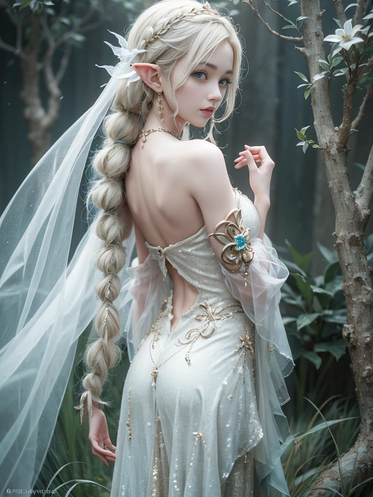 An elegant elf girl standing on the grassland, A delicate face illuminated by the soft light of the setting sun. Her long, Flowing hair running down her back, Decorated with intricate braids、Adorned with sparkling jewels. This great photo is、、、It captures the mysterious beauty of elves.. Slender figure wearing a silk dress、Swaying in the soft grassland breeze. Attention to detail、Face、Face、Face、Face、This is evident in the intricate pattern of the dress and the subtle highlights of the light.. skin. A breathtaking depiction of an elf girl、、、、、Create an enchanting atmosphere、Invite the viewer into a magical world.