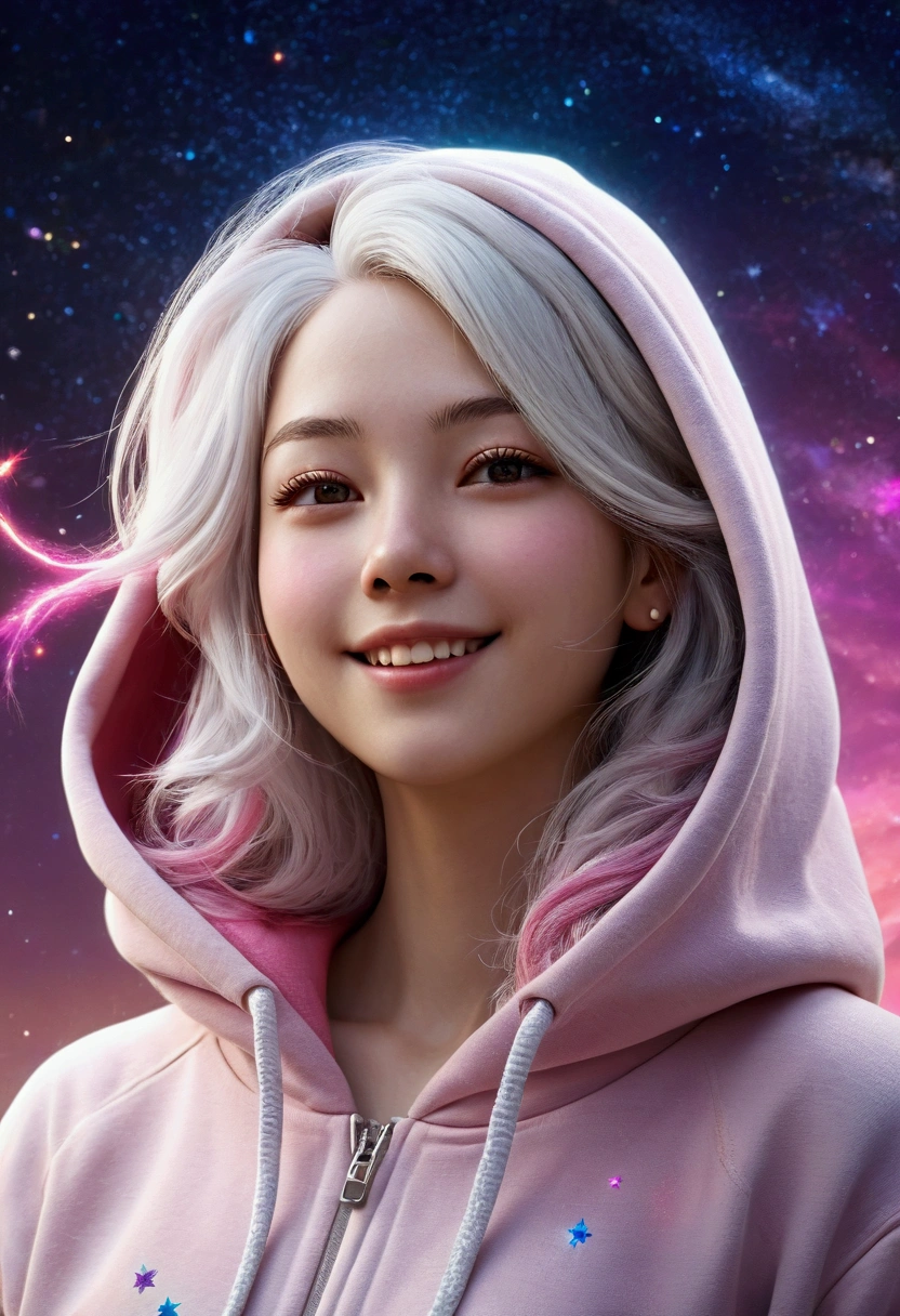 an adult female, solo, upper body, (hoodie:1.2), headphone, night sky, wind blowing through, flowing hair, white hair pink tips, looking right, vibing smile, dynamic angle, ( pale tone ,floating colorful sparkles:1.1) , relaxed, ultra-detailed face, detailed eyes, shiny skin, lustrous lips ,(official art, unity 8k wallpaper, ultra detailed, beautiful and aesthetic, masterpiece ,best quality:1.3),(photorealistic:1.3)