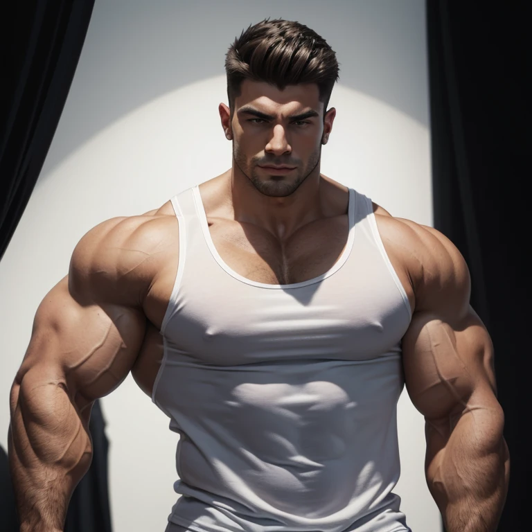 a young and very handsome, massively muscular man, with massively large muscles, with massively large biceps, with massively large arms, wearing a white tank top, on a black background from the side