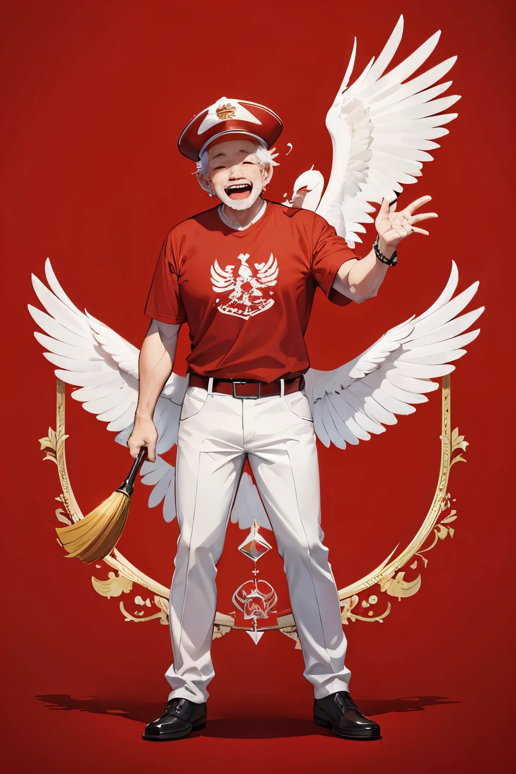 A grandpa is laughing excitedly, wearing a red shirt, wearing white pants, wearing a hat with a picture of an Garuda, holding an Indonesian flag, full body capture
