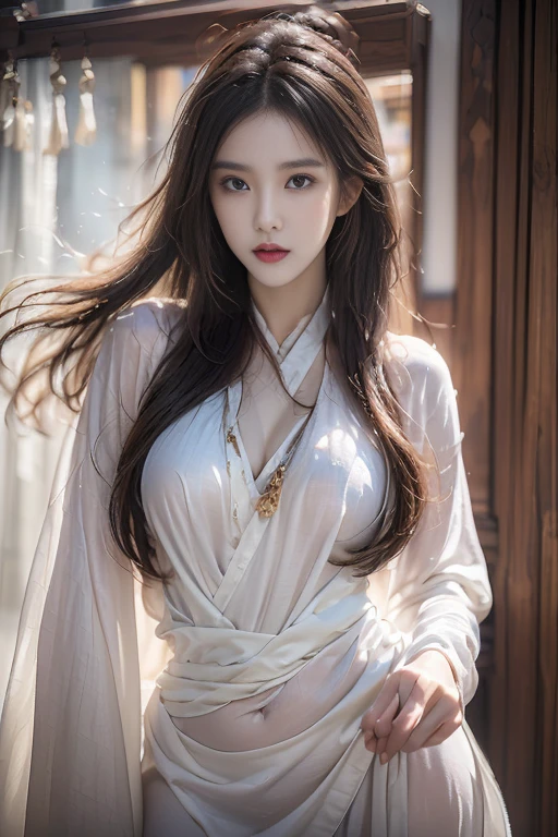 (a detailed, beautiful Chinese girl in a dramatic dynamic pose, wearing the traditional Hanfu, made with silk fabric, cowboy shot, the most beautiful form of chaos, looking at the audience, elegant, fauvist design, bright colors, (best quality, 4k, 8k, highres, masterpiece:1.2), ultra-detailed, (realistic, photorealistic, photo-realistic:1.37), HDR, UHD, studio lighting, ultra-fine painting, sharp focus, physically-based rendering, extreme detail description, professional, vivid colors, bokeh, portraits, concept art, fractal art:1.3, atmospheric, SFW.)