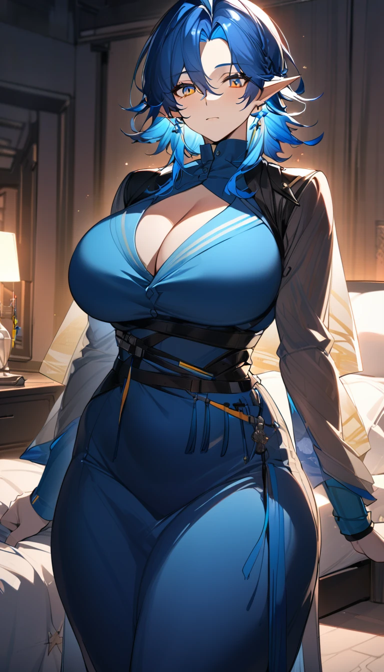 Lumen(Arknights),blue hair,curvy body, wearing clothes(Muslim attire),big cleavage,big thighs,bedroom, night setting,close view.