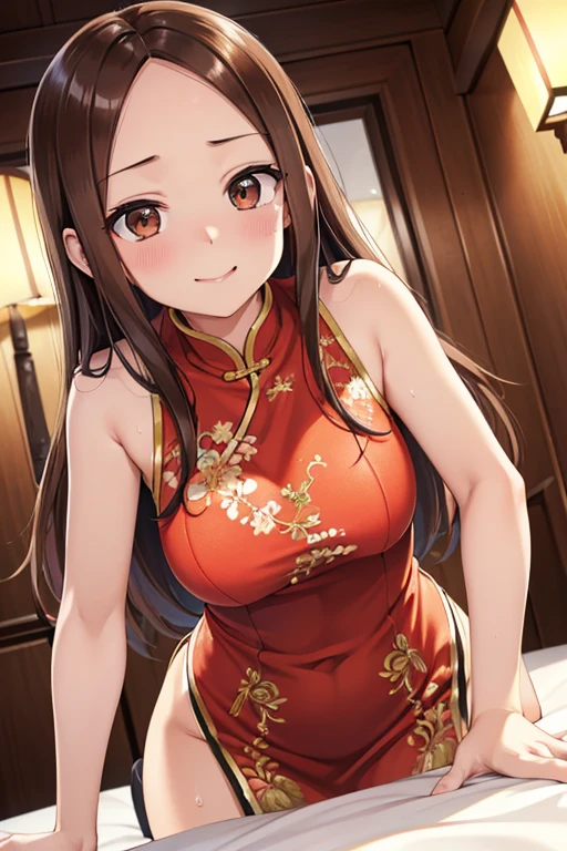 Takagi-san、Shiny brown hair, Long Hair,Forehead、Center part、 Beautiful brown eyes、smile、Sparkling eyes, (fine grain)、Very fine eye、Highly detailed face, Highly detailed eyes,


(masterpiece:1.3, Highest quality, 超High resolution, Super detailed), Cowboy Shot、 One woman，Highest quality, masterpiece, High resolution, 


Tabletop,Highest quality,High resolution,The finer details,
blush,curve,Large Breasts,Sweat,Oily skin,(Sleeveless Chinese mini dress with vibrant embroidery),(Luxury hotel room)、、Embarrassed laugh、Slouching and stretching the bottom、Absolute area