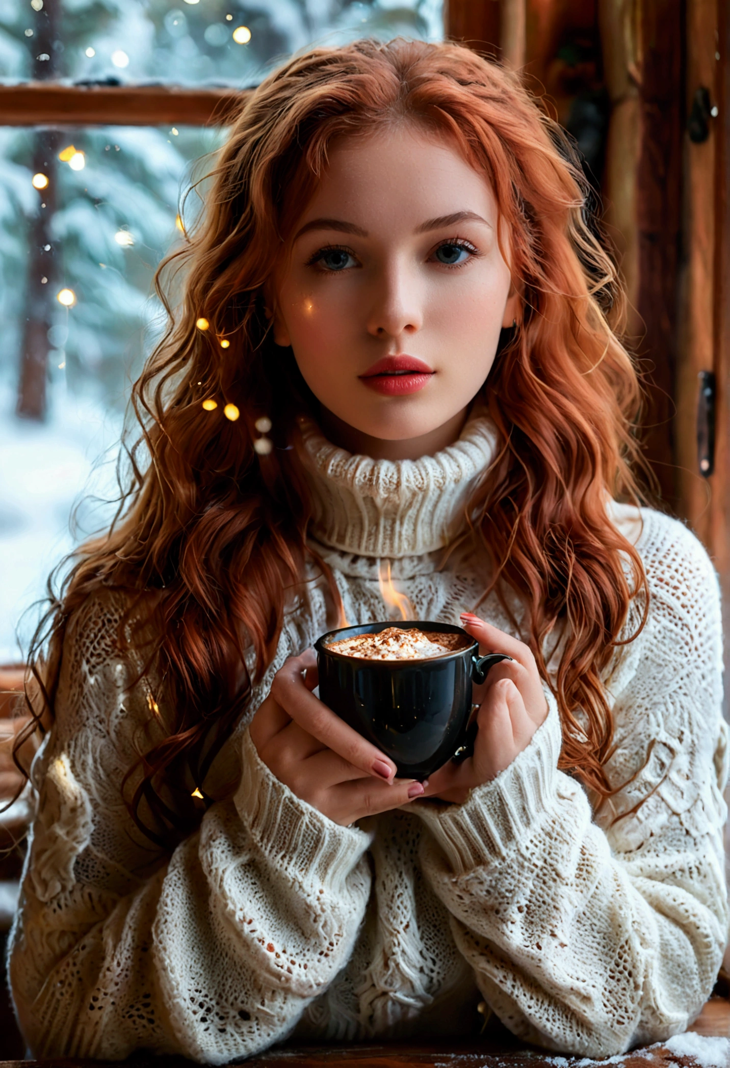 An ultra hot beautiful european woman, age 23, red wavy hair. she's a playmate with natural medium breasts, men magazine model, enjoying a cozy evening at the fireplace in a wooden cabin. She wears a turtleneck winter color wool sweater with cleavage and tight shorts. Trough the window, winter starry night. Northern lights, Perfect anatomy, perfect hair, perfect breast, perfect body, perfect hands, perfect face, UHD, retina, masterpiece, accurate, anatomically correct, textured skin, holding a cup of steaming hot chocolate in her hands