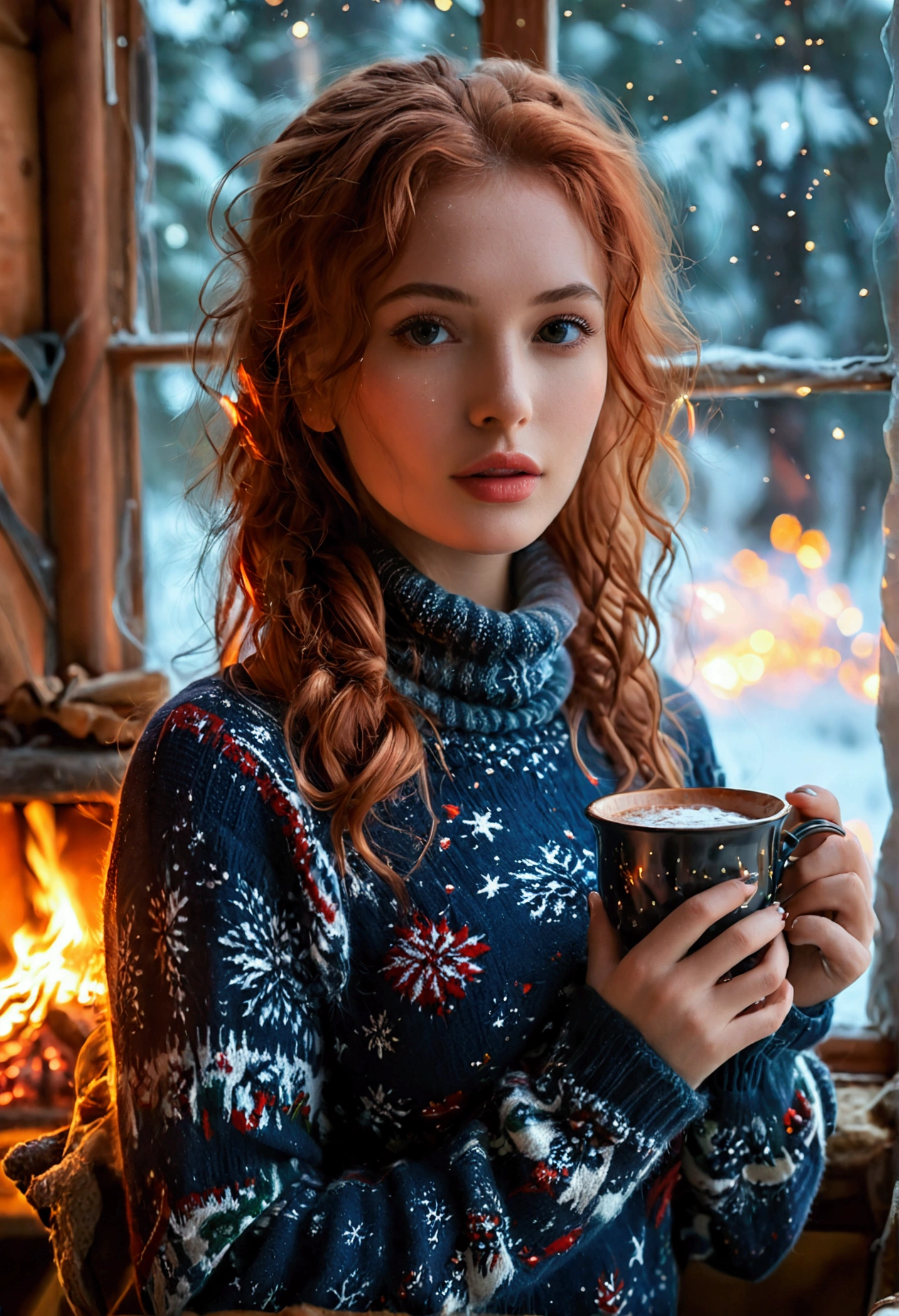 An ultra hot beautiful european woman, age 23, red wavy hair. she's a playmate with natural medium breasts, men magazine model, enjoying a cozy evening at the fireplace in a wooden cabin. She wears a turtleneck winter color wool sweater with cleavage and tight shorts. Trough the window, winter starry night. Northern lights, Perfect anatomy, perfect hair, perfect breast, perfect body, perfect hands, perfect face, UHD, retina, masterpiece, accurate, anatomically correct, textured skin, holding a cup of steaming hot chocolate in her hands