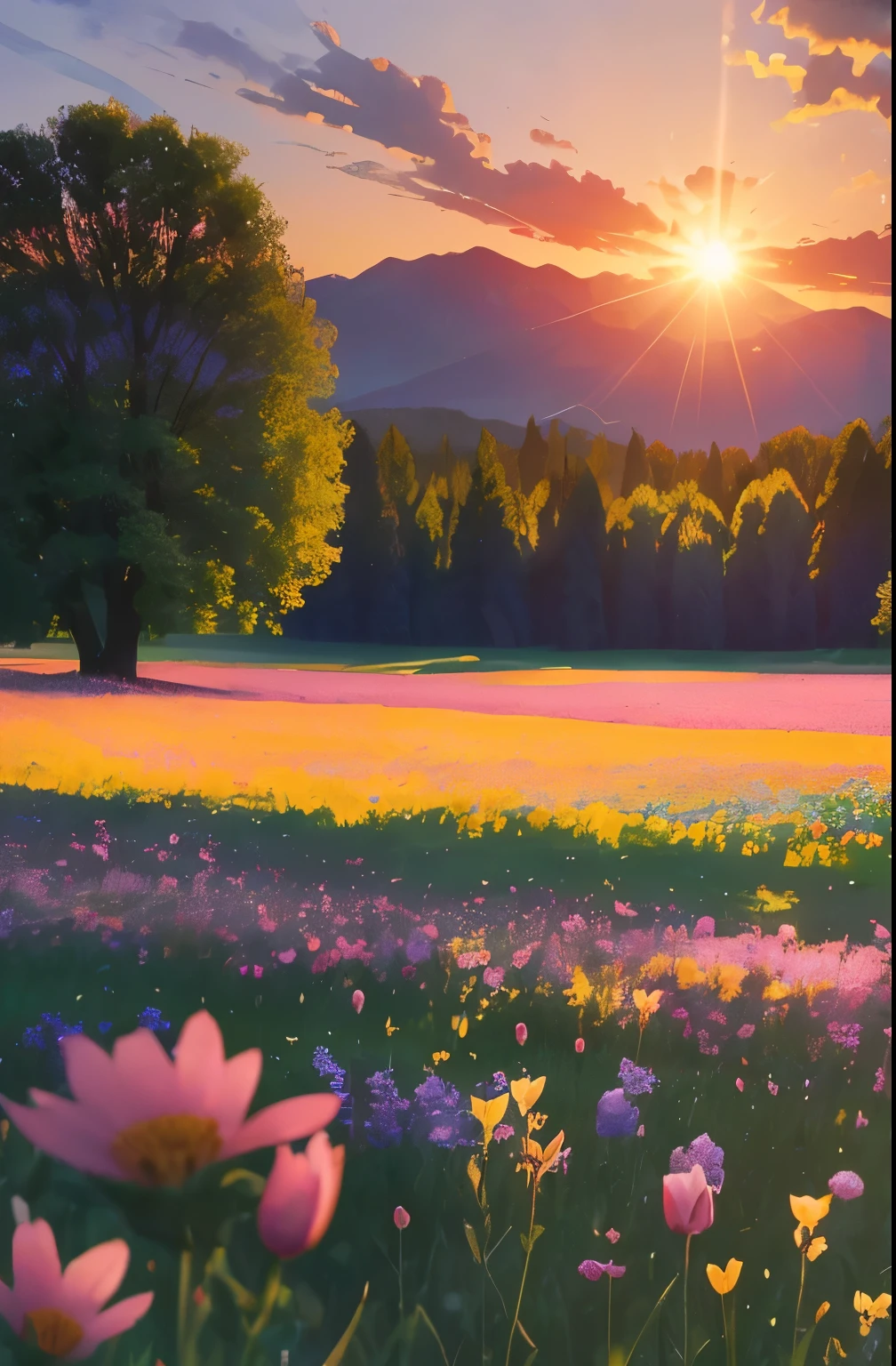 a view of a field of flowers with trees in the background, sunny meadow, summer meadow, meadow with flowers, the brilliant dawn on the meadow, serene field setting, meadow in the forest, southern wildflowers, spring early morning, in a meadow, summer morning light, field of flowers, an aesthetic field of flowers, at sunrise in springtime, meadow, springtime morning