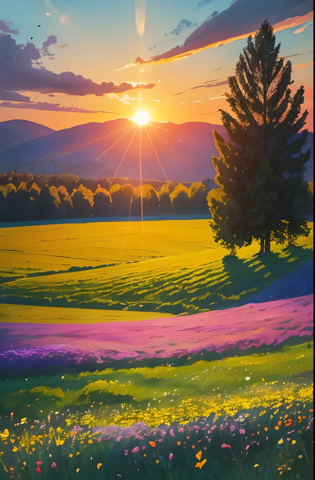 a view of a field of flowers with trees in the background, sunny meadow, summer meadow, meadow with flowers, the brilliant dawn on the meadow, serene field setting, meadow in the forest, southern wildflowers, spring early morning, in a meadow, summer morning light, field of flowers, an aesthetic field of flowers, at sunrise in springtime, meadow, springtime morning