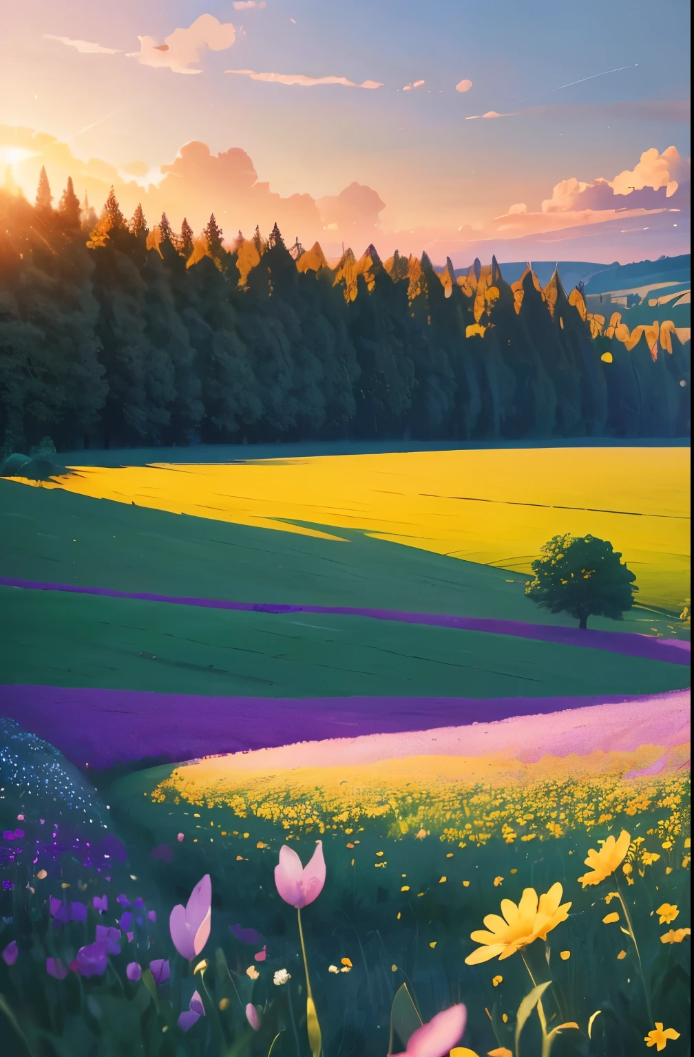 a view of a field of flowers with trees in the background, sunny meadow, summer meadow, meadow with flowers, the brilliant dawn on the meadow, serene field setting, meadow in the forest, southern wildflowers, spring early morning, in a meadow, summer morning light, field of flowers, an aesthetic field of flowers, at sunrise in springtime, meadow, springtime morning
