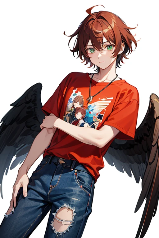 Xiao from Genshin Impact, boy, , messy reddish brown hair, green eyes, red t-shirt with black, white wings print, necklace with a golden cross, blue jeans, looking in profile directly at the viewer, white background