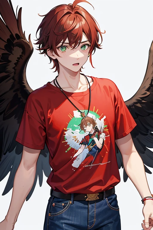 Xiao from Genshin Impact, boy, 16 years old, messy reddish brown hair, green eyes, red t-shirt with black, white wings print, necklace with a golden cross, blue jeans, looking in profile directly at the viewer, white background