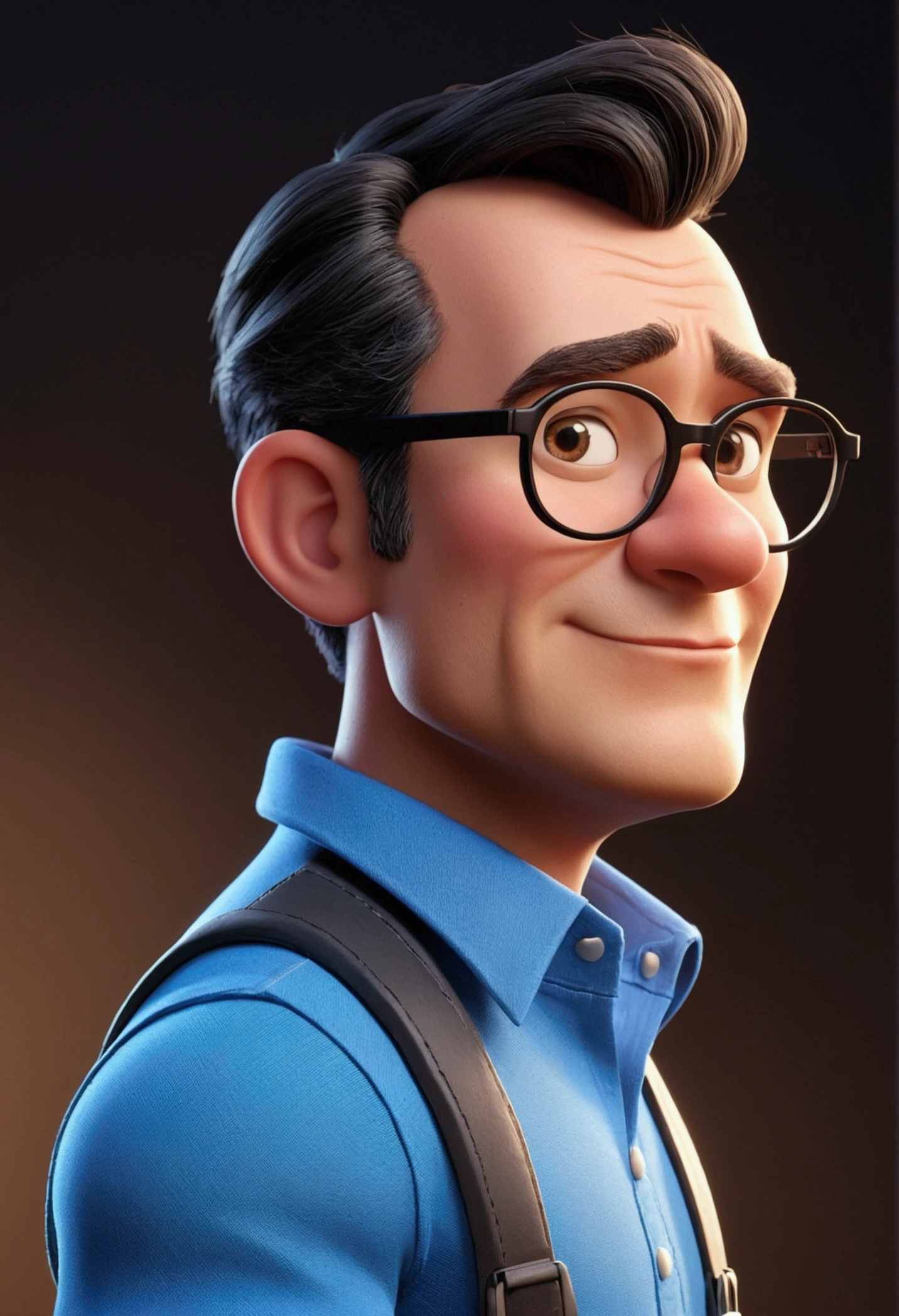 Cartoon character of a man in black glasses and blue shirt, an animated character, stylized character, animation style rendering, 3d stylized, Arnold Maya rendering, Stylized 3D rendering, toon render screenshot, 3d character, 3d character, Stylized 3D rendering, 3D character rendering, cartoon character, Personagem de close up, character posing, (Pixar-style) (master part:1.2) (bokeh) (best qualityer) (skin detailed) (detailed texture) (8k) (Argilla) (cinematic lighting) (sharp focus,Sit down and lift your upper body