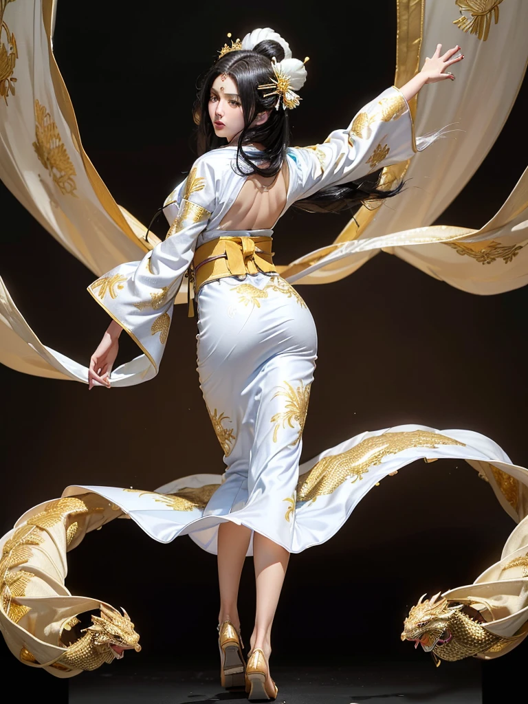 (Beautiful model in Japanese kimono commercial, Beautiful straight long black hair), alone, ((Face is 80% Beauty and elegance, 20% Cute and adorable:1.5)), Clear Eyes, (fine grain, Bright green eyes, Bright Eyes), double eyelid, (Slightly thick, Sexy lips:1.2), ((Very detailed and incredibly high resolution Deep-white Kimono:1.2)), Very detailed顔のテクスチャ, impressive body shape, Very attractive woman with curves, High Resolution RAW Color Photos Professional Photography, break ultra high-resolution textures, High Resolution Body Rendering, Big eyes, An unparalleled masterpiece, Incredible high resolution, Very detailed, Stunning Ceramic Skin, break ((Turn around and show us the pattern on your kimono:1.5)), ((She was wearing a white kimono embroidered with glittering golden dragons..:1.5)), ((The white kimono is embroidered with a vibrant rising dragon..:1.2)), (Exquisitely crafted and sensual Japanese kimono), ((The embroidery pattern is a Chinese dragon rising to the sky):1.2), ((An intricately and elegantly decorated white kimono)), (Photographed in front of the round shoji screen of a Japanese-style room)), break ((Highest quality, 8k)), Sharp focus:1.2, (Layered Cut, big:1.2), (Beautiful woman with perfect figure:1.4), (Beautiful and elegant rear view:1.3), Tight waist, (Correct hand shape:1.5), (Full Body Shot | Cowboy Shot),God big breasts,
