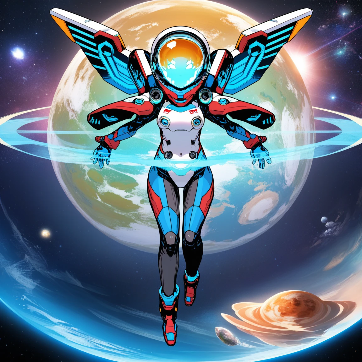 score_9,source_anime,1girl,floating,close up,looking at viewer,wearing red white and blue cyber suit,cyber helmet,floating in space,planet in background,face covered,eyes hidden,full body,asymmetrical,tall girl,curled up,