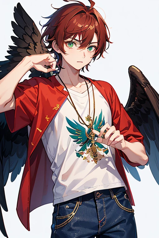 Xiao from Genshin Impact, boy, , messy reddish brown hair, green eyes, red t-shirt with black, white wings print, necklace with a golden cross, blue jeans, looking in profile directly at the viewer, white background