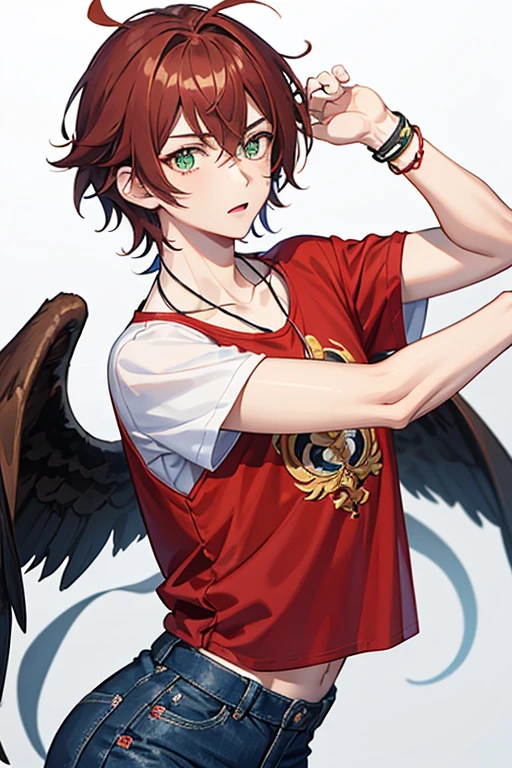 Xiao from Genshin Impact, boy, , messy reddish brown hair, green eyes, red t-shirt with black, white wings print, necklace with a golden cross, blue jeans, looking in profile directly at the viewer, white background